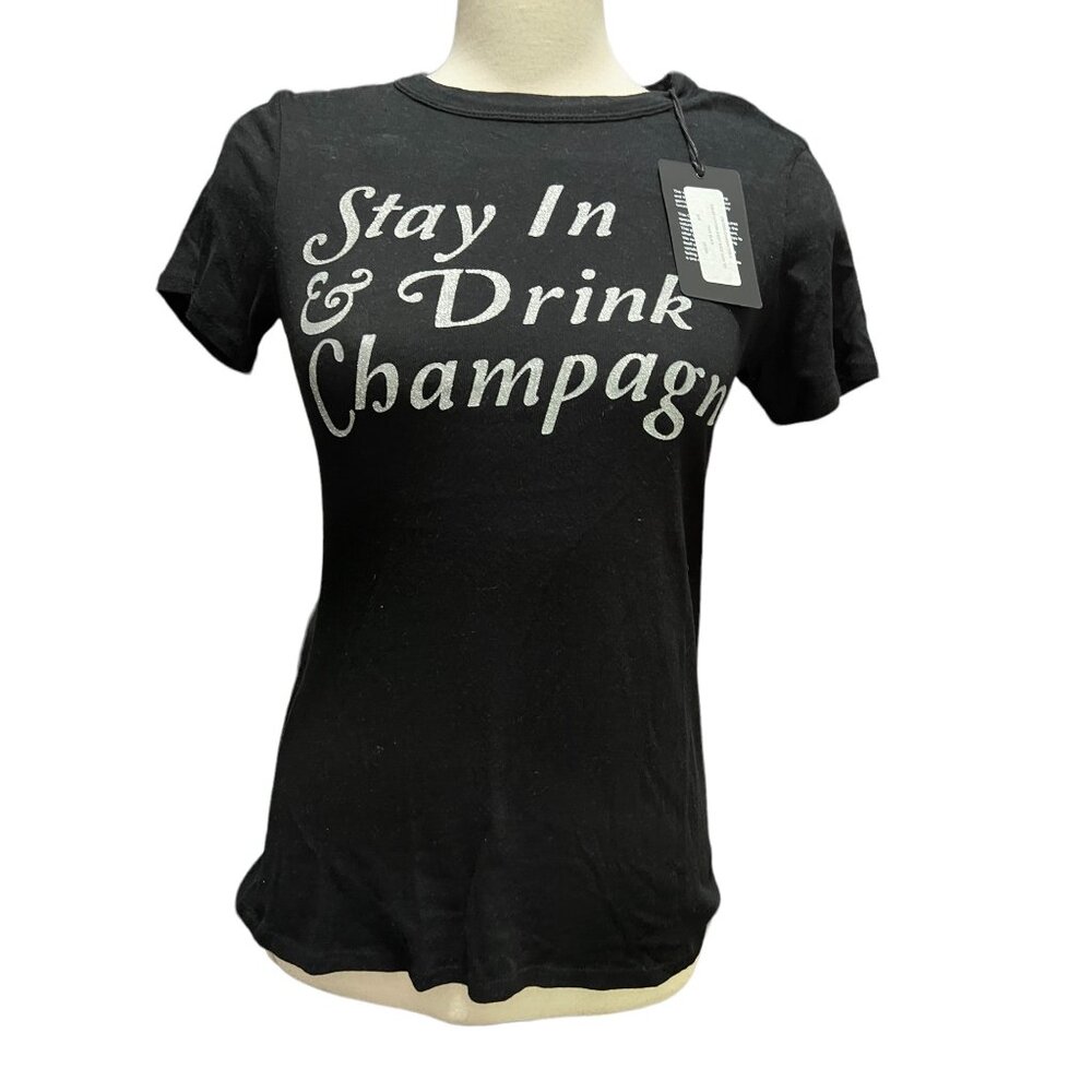 Chaser NWT Graphic Baby TShirts Sz Small Womens Black Stay In & Drink Champagne